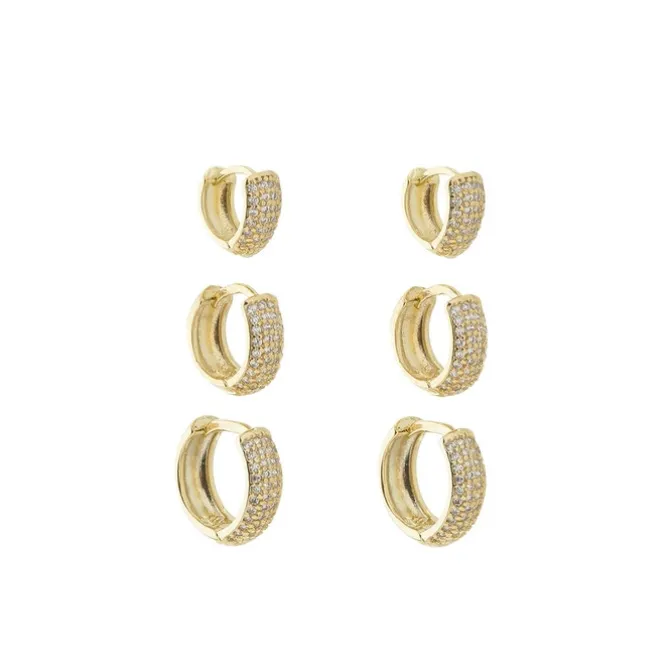 Trio de Brincos Ana Laura Zircônias Foheado a Ouro 18k
