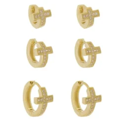 Trio de Brincos Argolinhas Laurie Cruz Zircônias Folheado a Ouro 18k