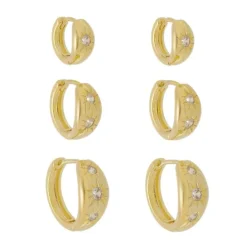 Trio de Brincos Argolinhas Cacá Estrelas Zircônias Folheado a Ouro 18k
