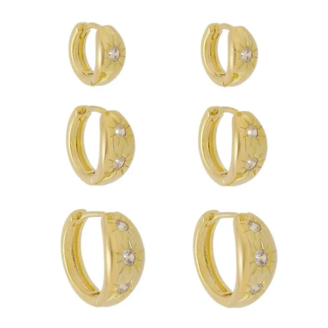 Trio de Brincos Argolinhas Cacá Estrelas Zircônias Folheado a Ouro 18k