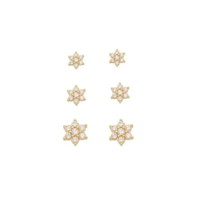 Trio de Brincos Luli Mini Flor Zircônias Folheado a Ouro 18k