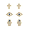 Trio de Brincos Mia Olho Grego Mão Hamsa e Cruz Folheado a Ouro 18k