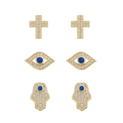 Trio de Brincos Mia Olho Grego Mão Hamsa e Cruz Folheado a Ouro 18k