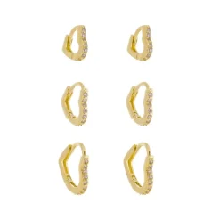 Trio de Brincos Piuka Argolinha Nina Coração Zircônias Folheado a Ouro 18k