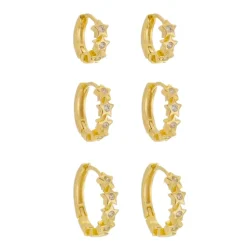 Trio de Brincos Piuka Argolinhas 3 Marias Estrelas Zircônias Folheado a Ouro 18k