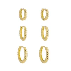 Trio de Brincos Piuka Argolinha Cecília Ondulado Folheado a Ouro 18k