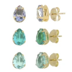 Trio de Brincos Sammy Gotas Zirconia Colorida Folheado a Ouro 18k