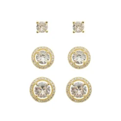 Trio de Brincos Solitário Diana Zircônias Folheado a Ouro 18k
